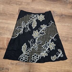 Autograph Black Skirt Gold Cream Embroidered Floral Design Linen Blend Size 12